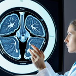 **A radiologist intently studying a CT scan, visualizing a 3D model of the human body in their mind, with subtle holographic projections of anatomical structures overlaid on the image.** (Focuses on anatomical visualization in radiology)