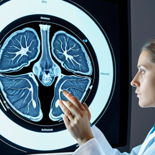 **A radiologist intently studying a CT scan, visualizing a 3D model of the human body in their mind, with subtle holographic projections of anatomical structures overlaid on the image.** (Focuses on anatomical visualization in radiology)