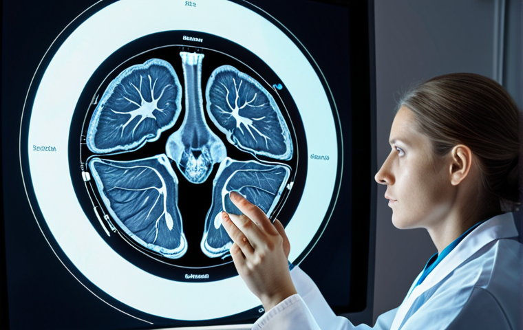 **A radiologist intently studying a CT scan, visualizing a 3D model of the human body in their mind, with subtle holographic projections of anatomical structures overlaid on the image.** (Focuses on anatomical visualization in radiology)