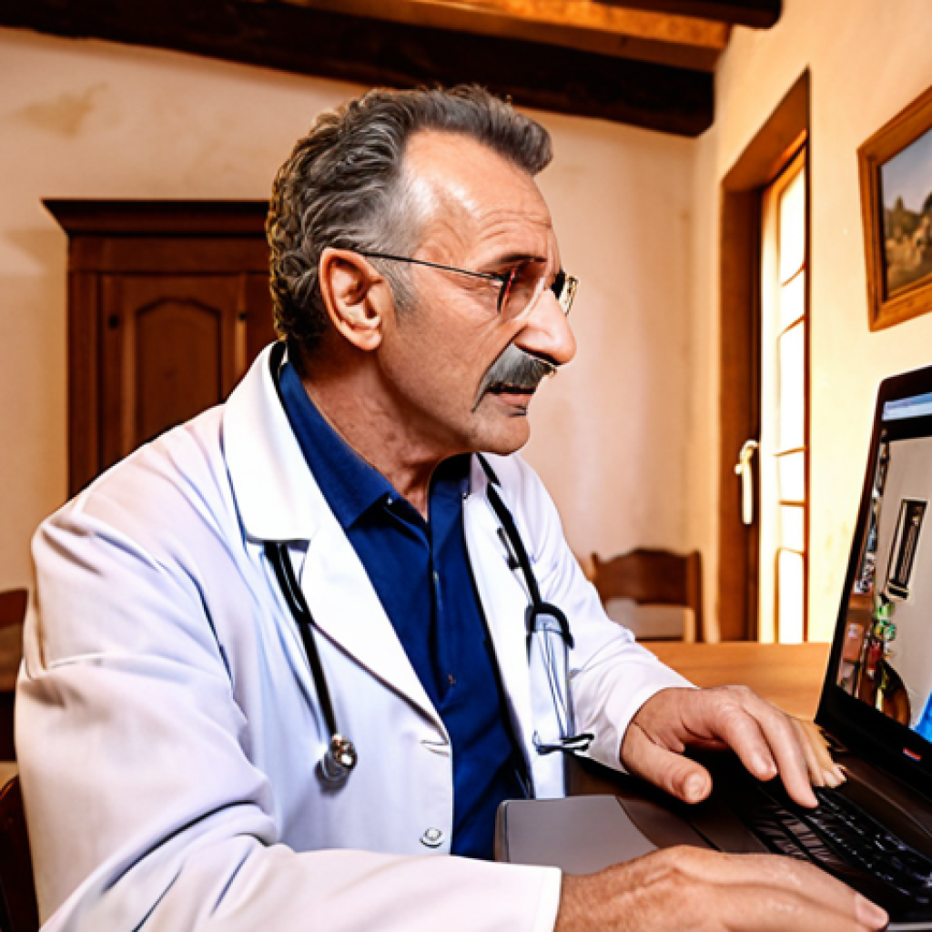 A doctor in a video call with a patient in a rural Italian home. Emphasize convenience and access to care. Warm lighting, friendly atmosphere.