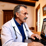 A doctor in a video call with a patient in a rural Italian home. Emphasize convenience and access to care. Warm lighting, friendly atmosphere.