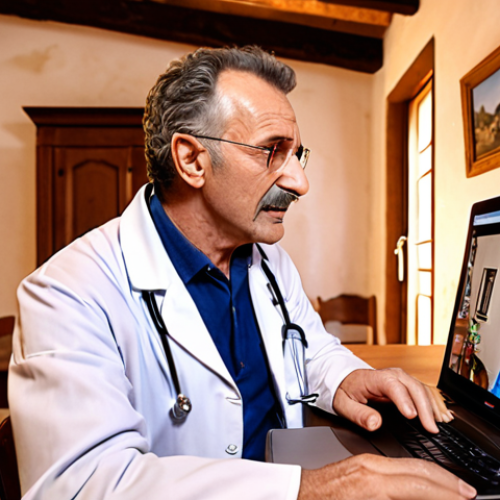 A doctor in a video call with a patient in a rural Italian home. Emphasize convenience and access to care. Warm lighting, friendly atmosphere.