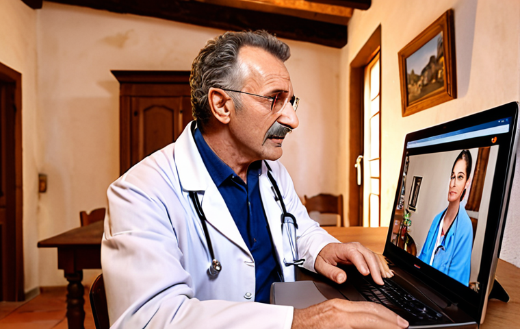 A doctor in a video call with a patient in a rural Italian home. Emphasize convenience and access to care. Warm lighting, friendly atmosphere.