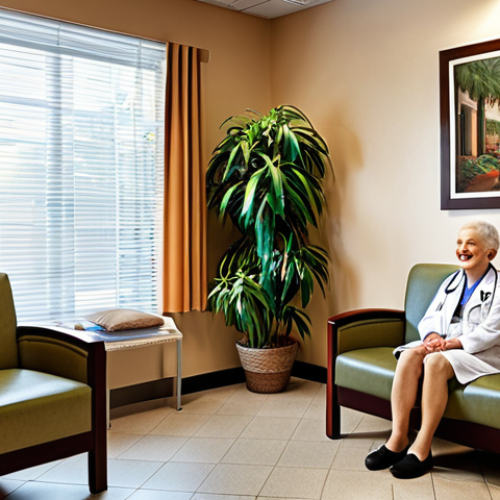 ** A warm and inviting doctor's office waiting room. Soft lighting, comfortable chairs, plants, and calming artwork. A receptionist smiles genuinely at an elderly patient. The overall feeling should be one of comfort, care, and trust.

**