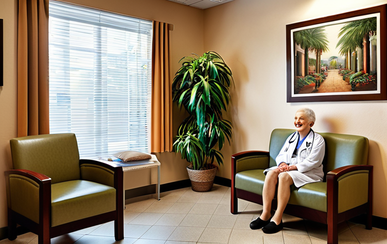 ** A warm and inviting doctor's office waiting room. Soft lighting, comfortable chairs, plants, and calming artwork. A receptionist smiles genuinely at an elderly patient. The overall feeling should be one of comfort, care, and trust.

**