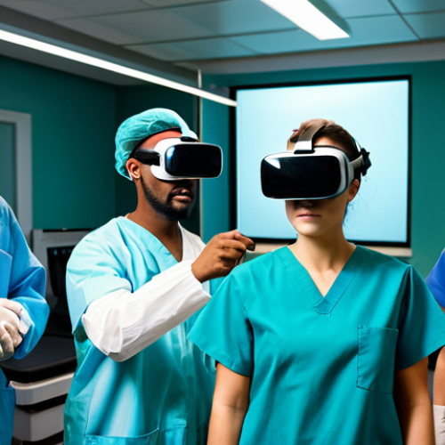 Advanced Medical Simulation**

"A diverse group of medical students fully clothed in scrubs, participating in a realistic virtual reality surgery simulation. The environment is a high-tech simulated operating room with advanced equipment. One student is wearing a VR headset, focused on the procedure. The scene highlights teamwork and learning. Appropriate attire, safe for work, professional, perfect anatomy, correct proportions, well-formed hands, natural pose, modest clothing, professional lighting, high quality."

**