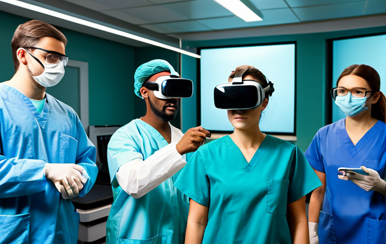Advanced Medical Simulation**

"A diverse group of medical students fully clothed in scrubs, participating in a realistic virtual reality surgery simulation. The environment is a high-tech simulated operating room with advanced equipment. One student is wearing a VR headset, focused on the procedure. The scene highlights teamwork and learning. Appropriate attire, safe for work, professional, perfect anatomy, correct proportions, well-formed hands, natural pose, modest clothing, professional lighting, high quality."

**