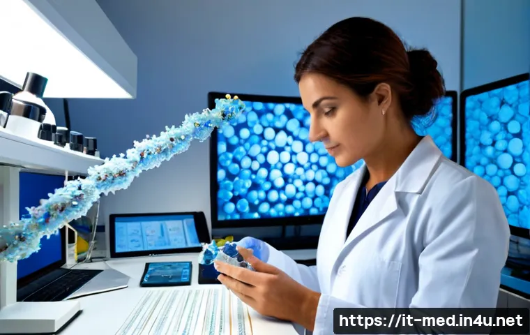 단백질 합성 과정 - Photorealistic molecular biology laboratory in Italy, an Italian female scientist in a white lab coa...